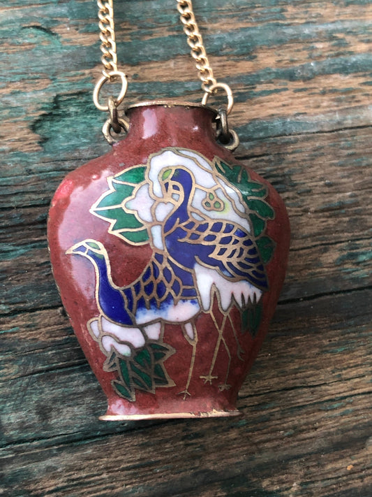 Antique Art Nouveau Cloisionne Enamel Snuff Jar Perfume Bottle Necklace Asian Porcelain Blue Crane Bird