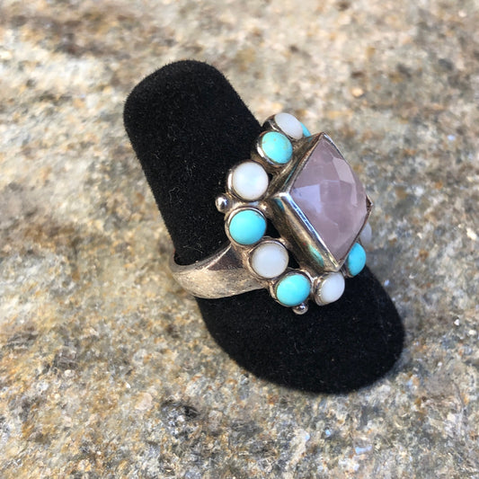 Faceted Rose Quartz Sterling Silver Turquoise & Mother of Pearl Multi Stone Modern Ring