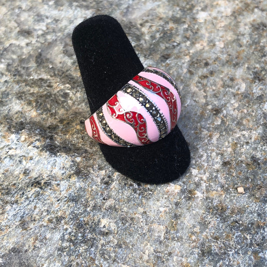 Unique Sterling & Marcasite Red and Pink Enamel Wave Dome Ring