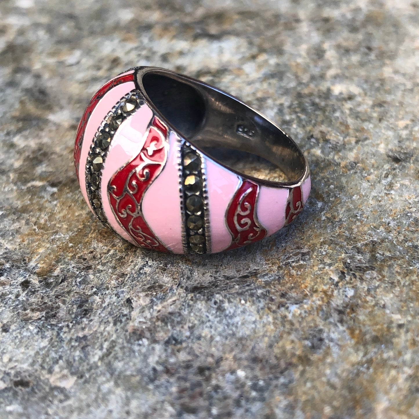 Unique Sterling & Marcasite Red and Pink Enamel Wave Dome Ring