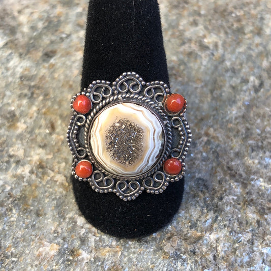 Druzy Agate & Coral Sterling Silver Ring