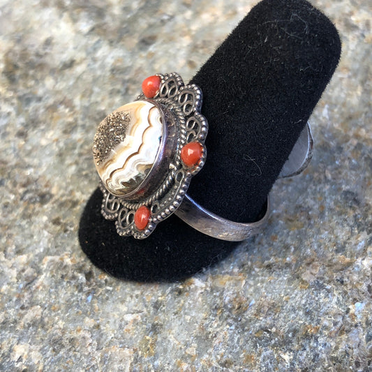 Druzy Agate & Coral Sterling Silver Ring