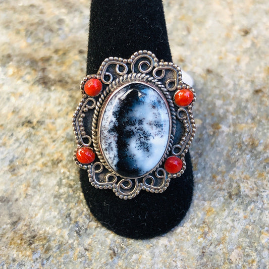 Sterling Silver Winter Dendrite Agate & Res Coral Gemstone Ring