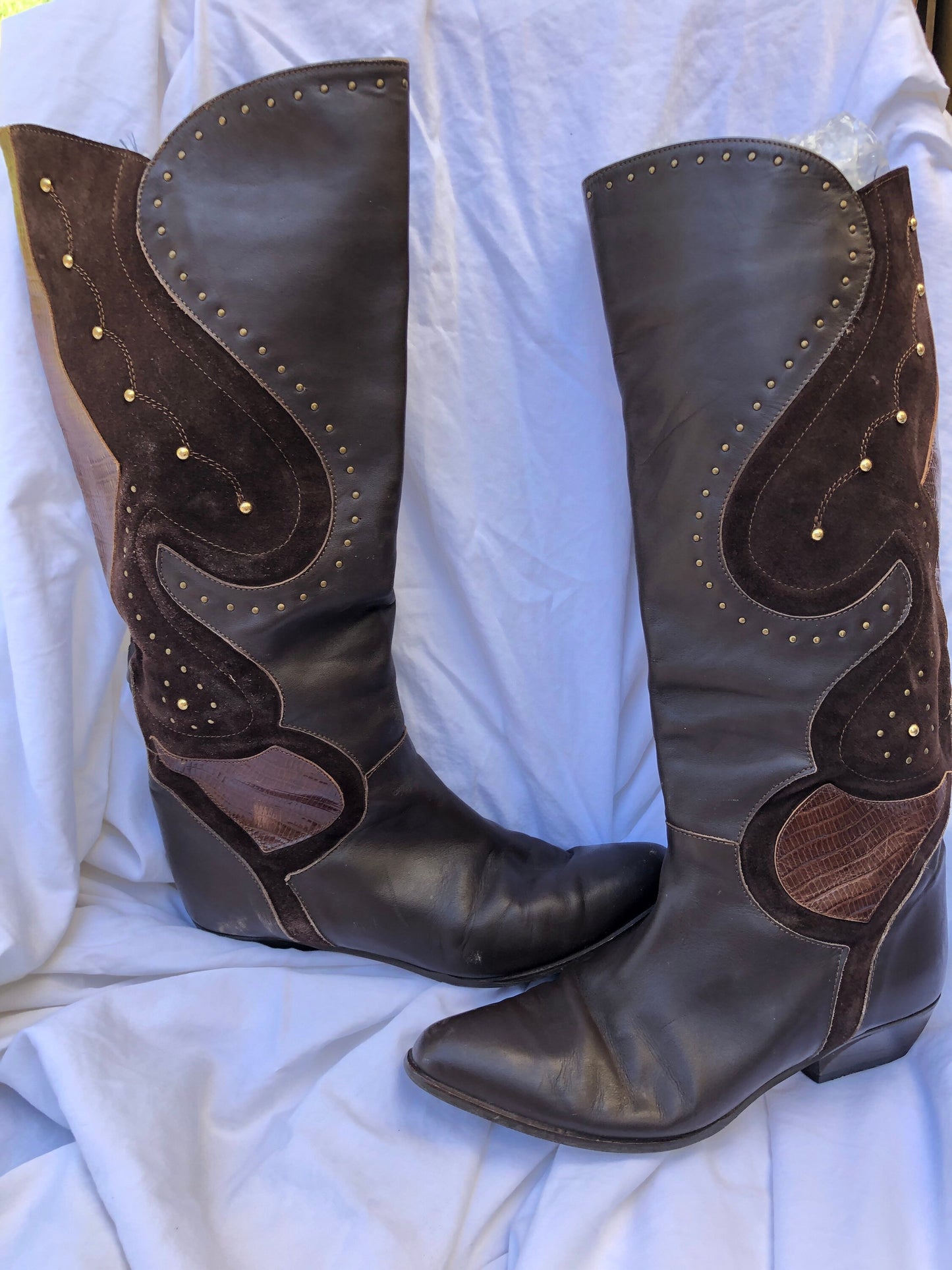 Vintage Italian Brown Leather & Suede Boots with Brass Rivet Details Size 8 1/2