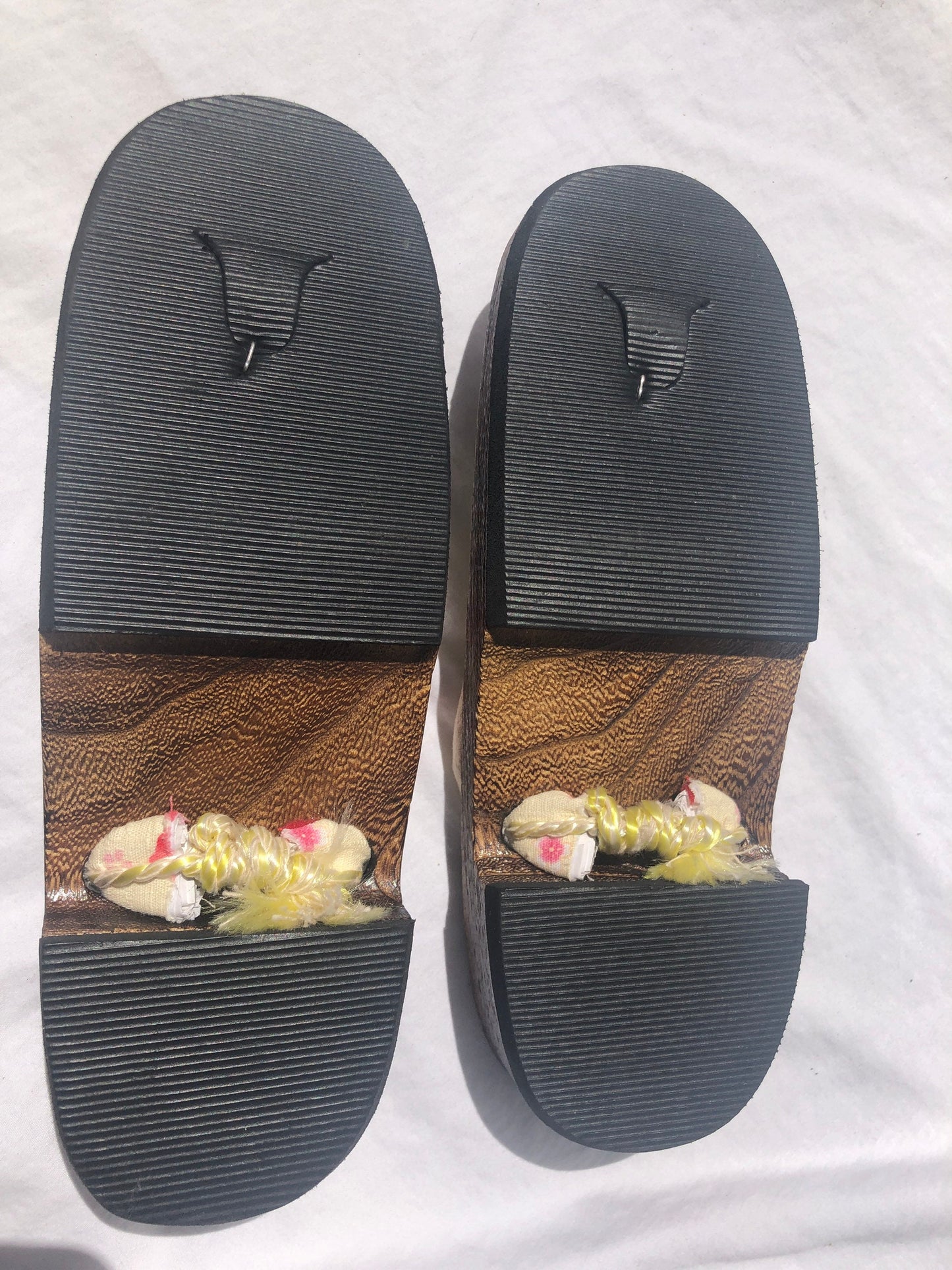 Unique Asian Wooden Sole Yellow & Pink Floral Thong Sandals
