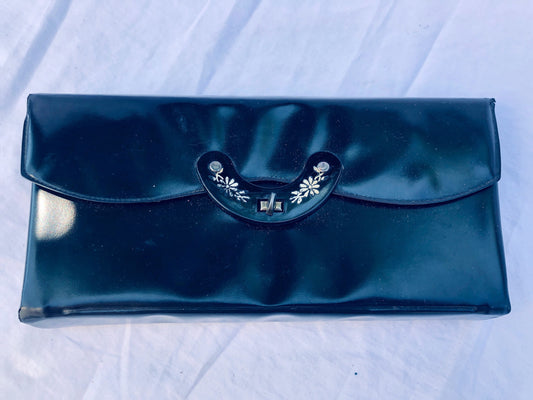 Vintage 1940’s Plastic Black Multi Pocket Clutch Wallet Purse with Floral Detail