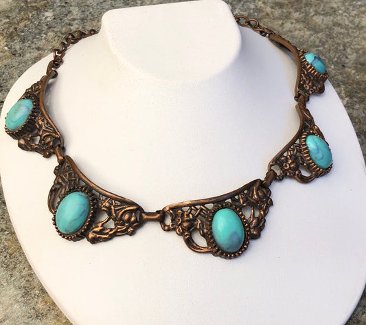 Vintage Renoir Cast Copper Link Marbled Celluloid Turquoise Panel Link Choker Necklace