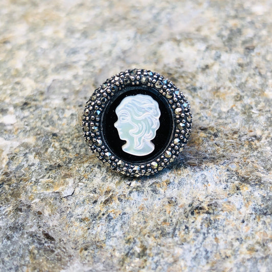 Vintage Sterling Silver Mother of Pearl Carved Cameo on Onyx Cabochon Surrounded by Marcasite Ring