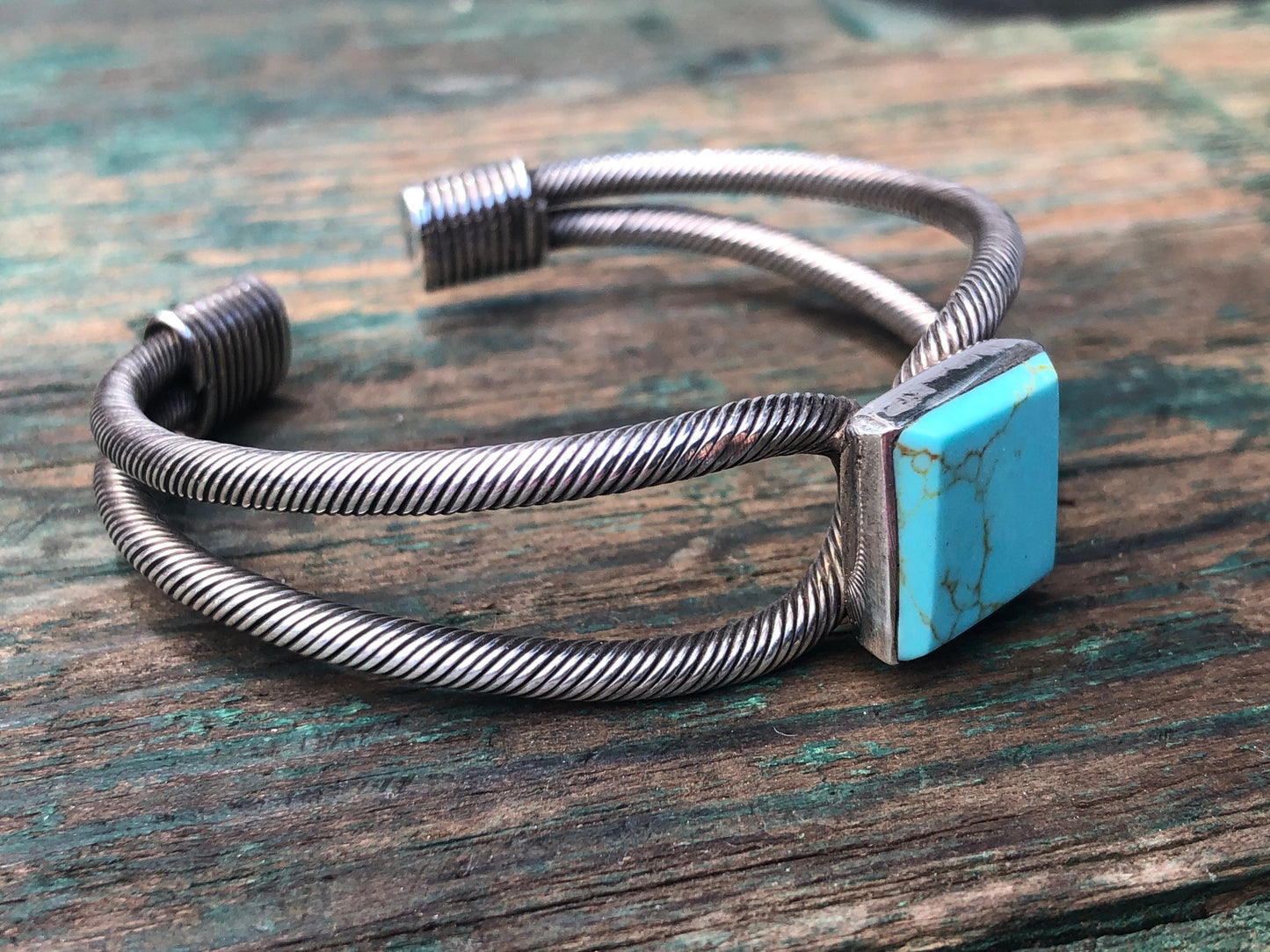 Square Turquoise Twisted Sterling Silver Cuff Bracelet