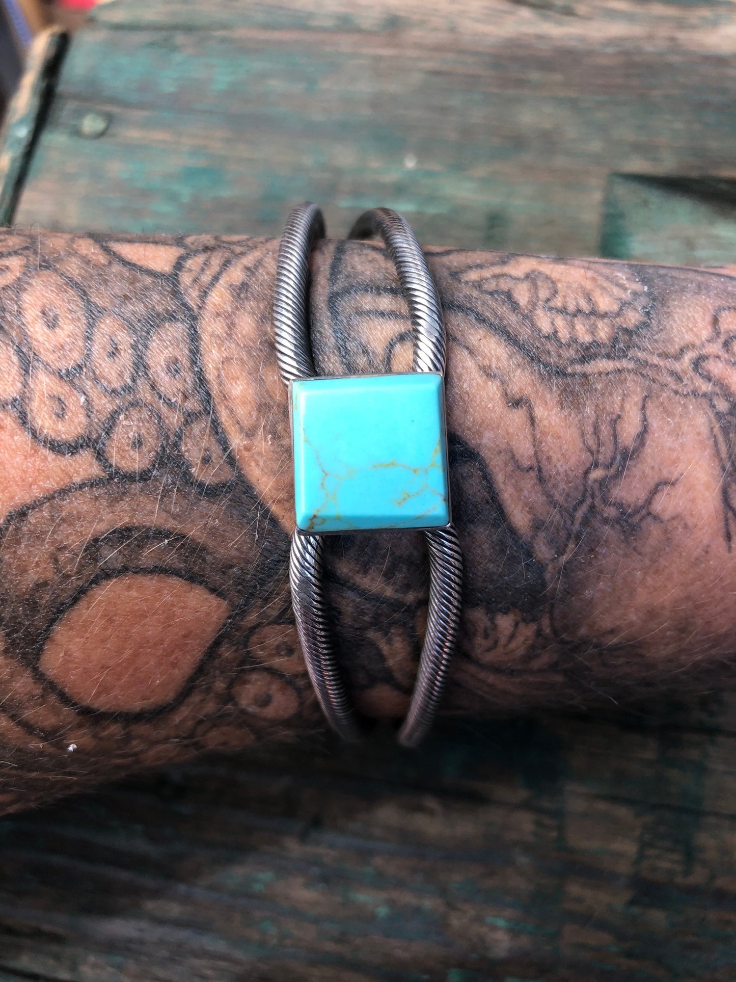 Square Turquoise Twisted Sterling Silver Cuff Bracelet