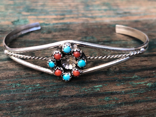 Zuni Native American Petit Point Sterling Silver Turquoise & Red Coral Flower Cuff Bracelet