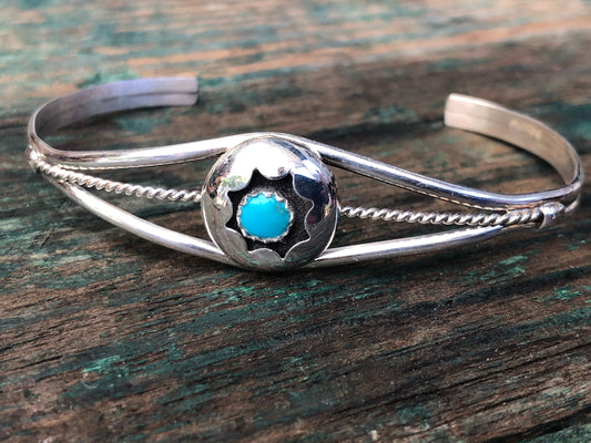 Native American Domed Shadowbox Turquoise Sterling Silver Cuff Bracelet