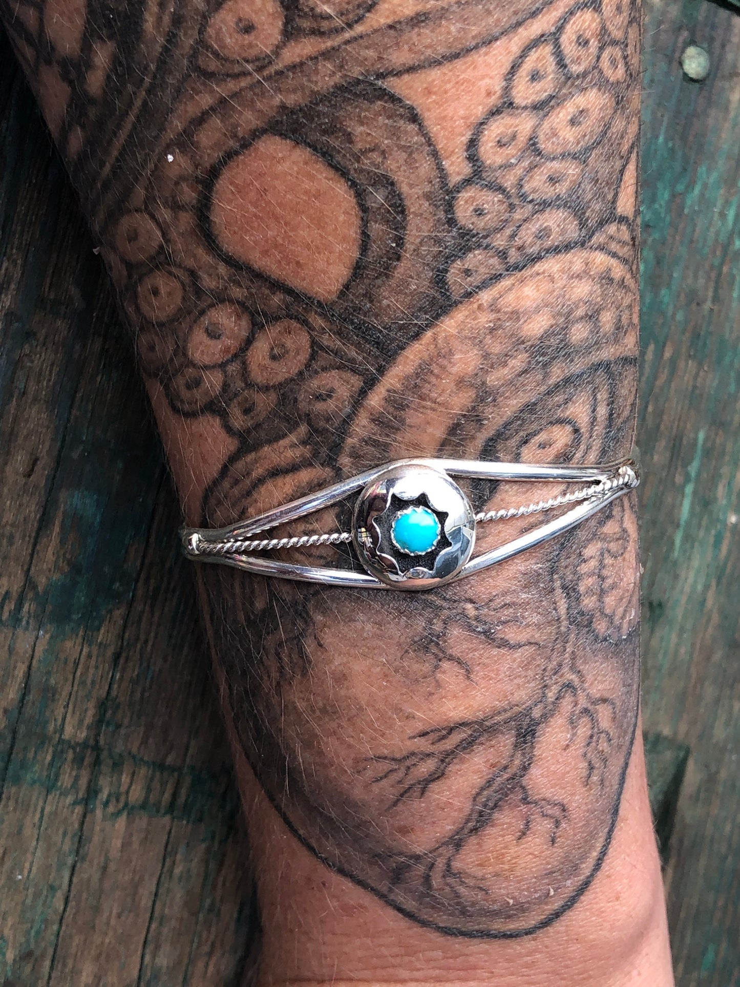 Native American Domed Shadowbox Turquoise Sterling Silver Cuff Bracelet