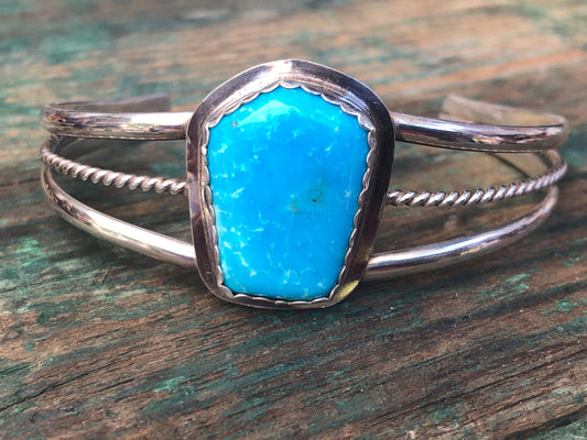 Beautiful Large Turquoise Gemstone Native American Vintage Sterling Silver Cuff Bracelet