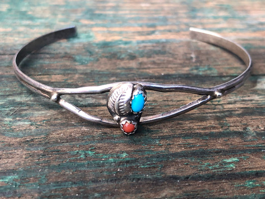 Vintage Dainty Native American Sterling Silver Turquoise & Red Coral Cuff Bracelet