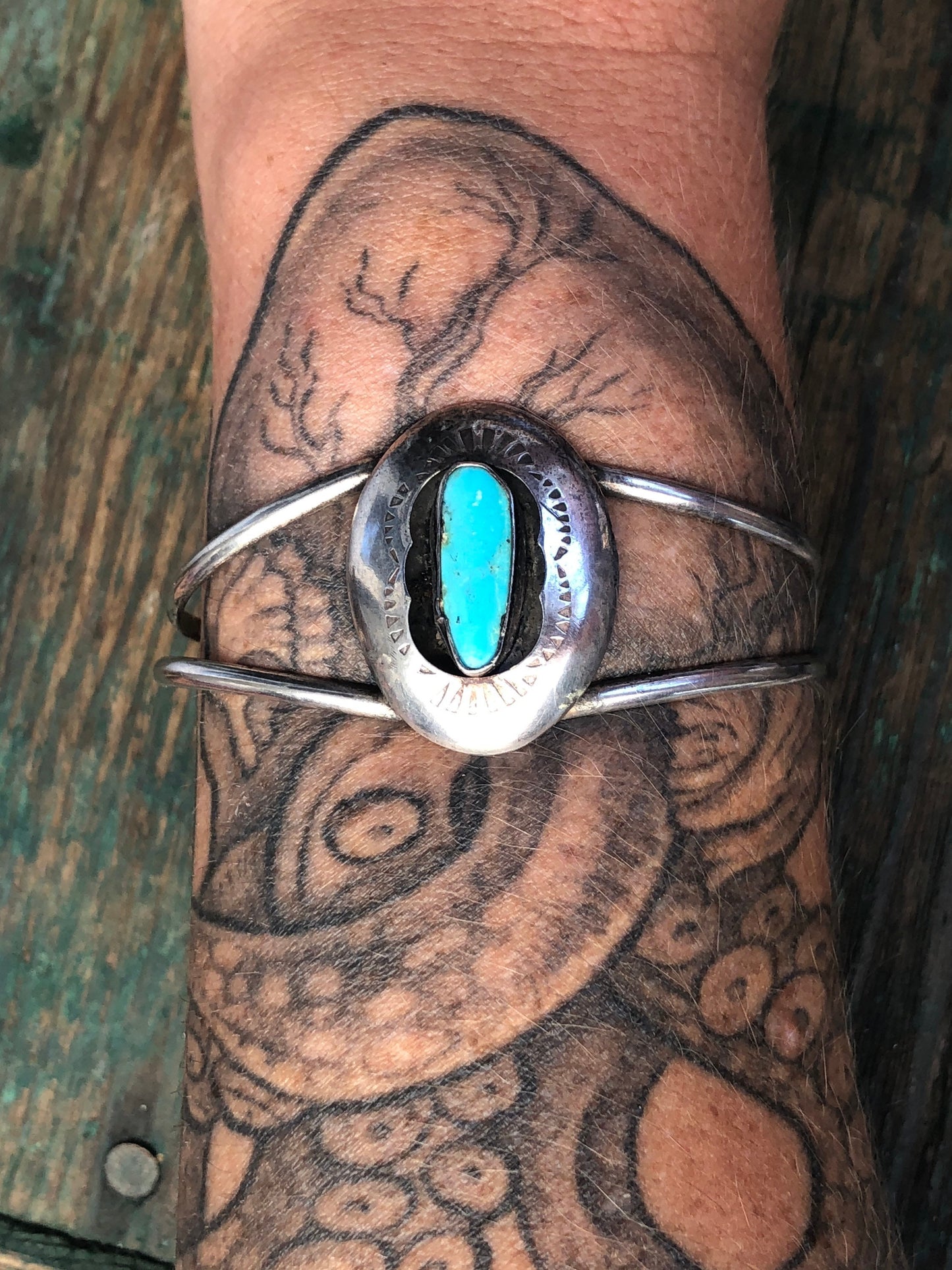 Vintage Native American Navajo Shadowbox Elongated Turquoise Sterling Silver Cuff Bracelet