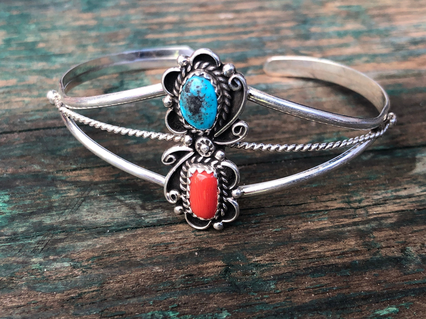 Vintage Native American Sterling Silver Turquoise & Red Coral Cuff Bracelet