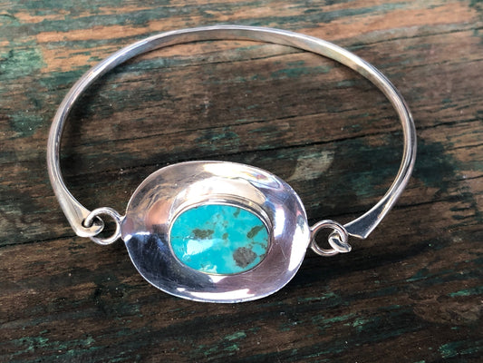 Vintage Turquoise Sterling Silver Pressure Hinged Bangle Bracelet