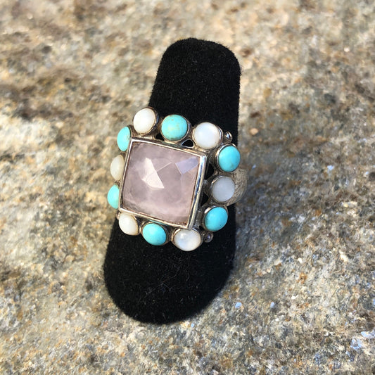 Faceted Rose Quartz Sterling Silver Turquoise & Mother of Pearl Multi Stone Modern Ring