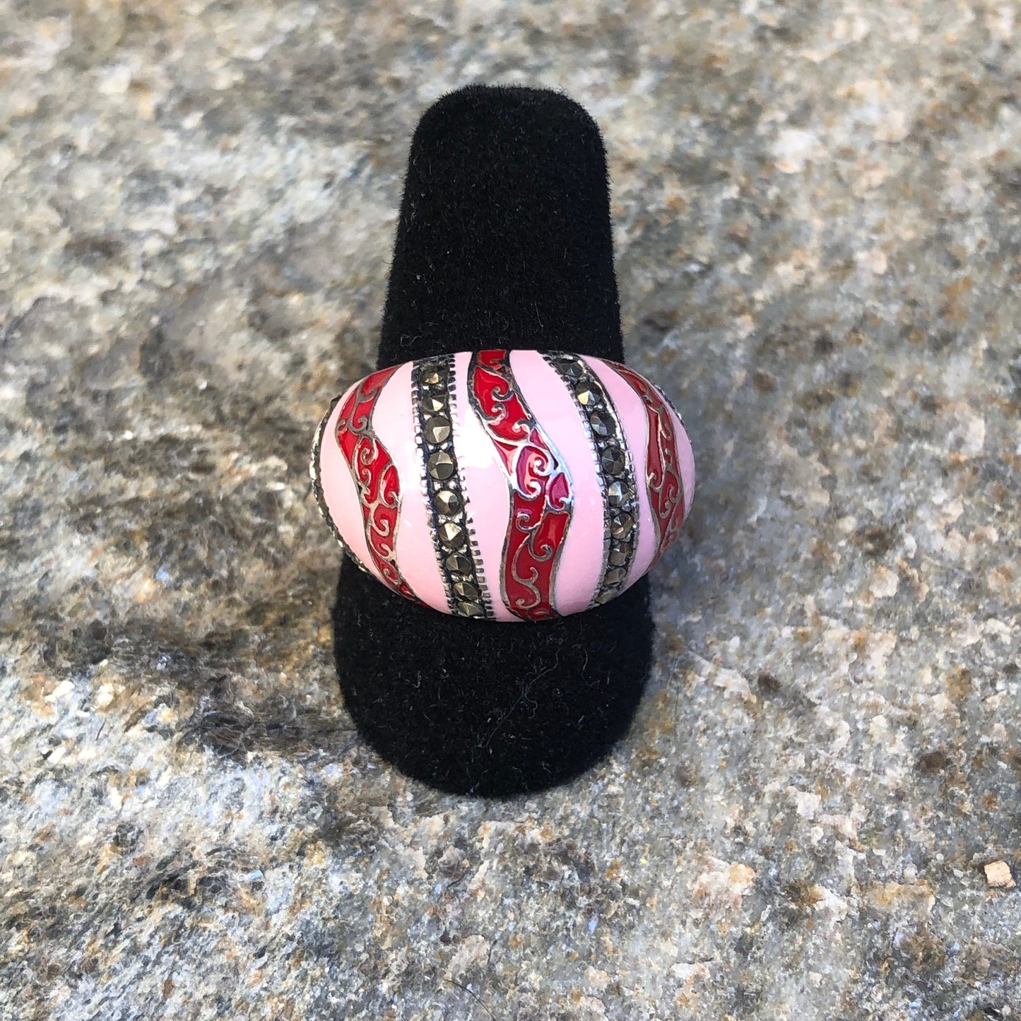 Unique Sterling & Marcasite Red and Pink Enamel Wave Dome Ring