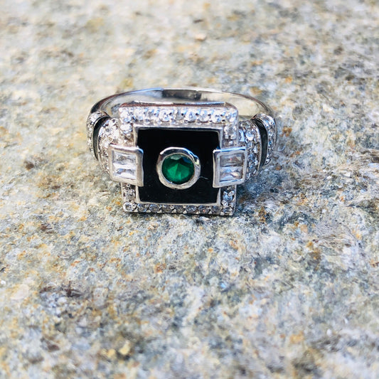 Art Deco Sterling Silver, Emerald, White Topaz  Black Enamel Ring