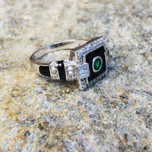 Art Deco Sterling Silver, Emerald, White Topaz  Black Enamel Ring