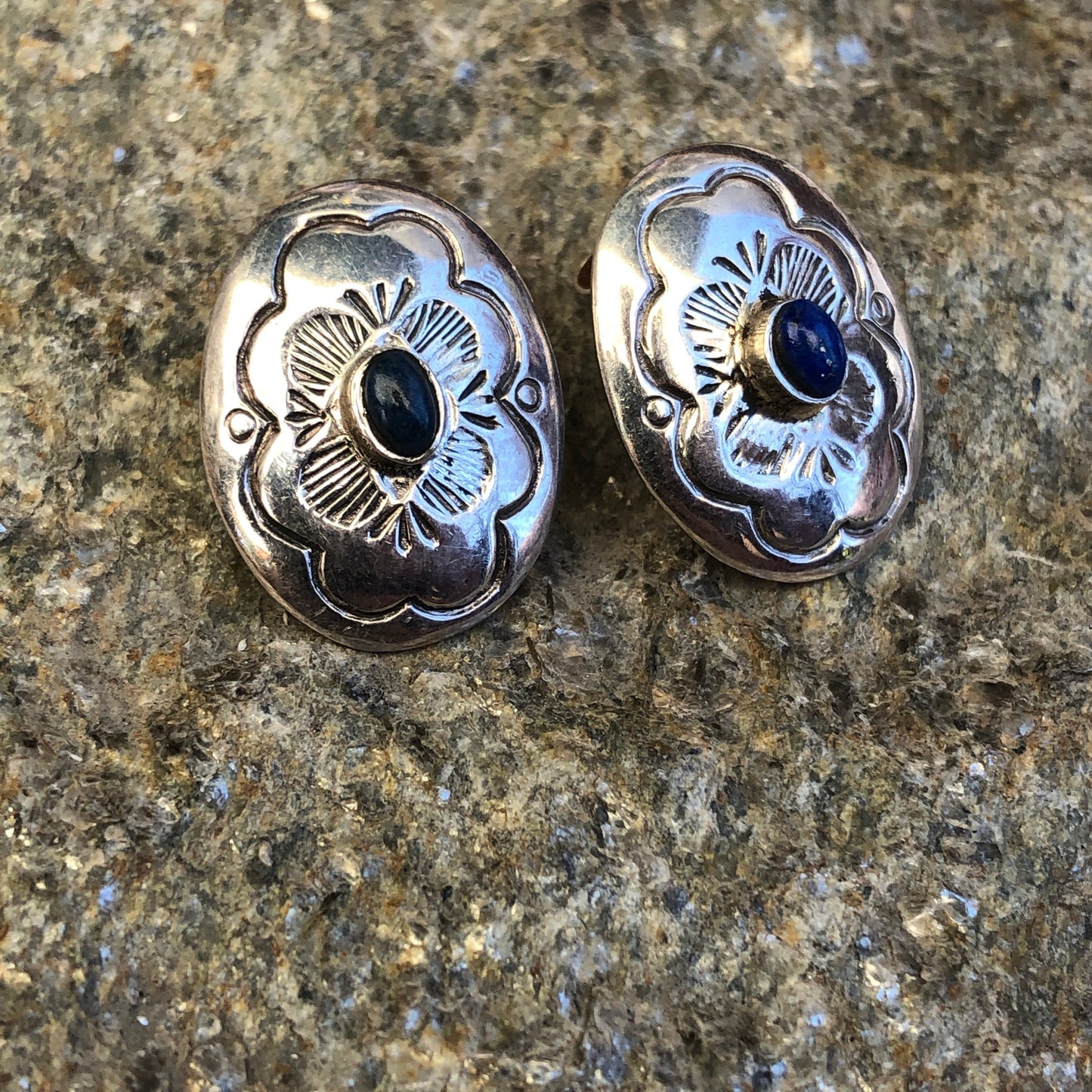 Sterling Silver & Lapis Lazuli Gemstone Stamped Chased Conch Native American Pierced Post Vintage Earrings