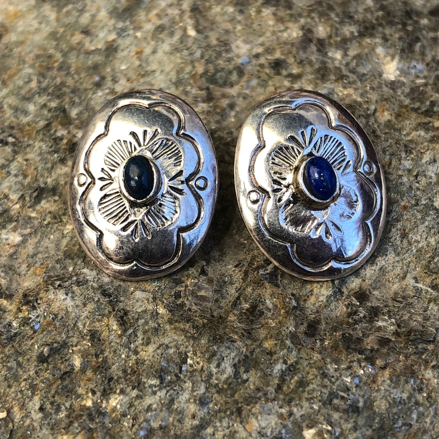 Sterling Silver & Lapis Lazuli Gemstone Stamped Chased Conch Native American Pierced Post Vintage Earrings