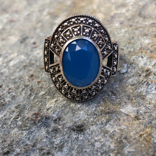 Sterling Silver Art Deco Marcasite & Blue Chalcedony Gemstone Ring