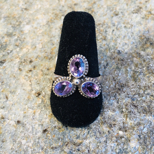 Triple Amethyst & Sterling Silver Flower Ring