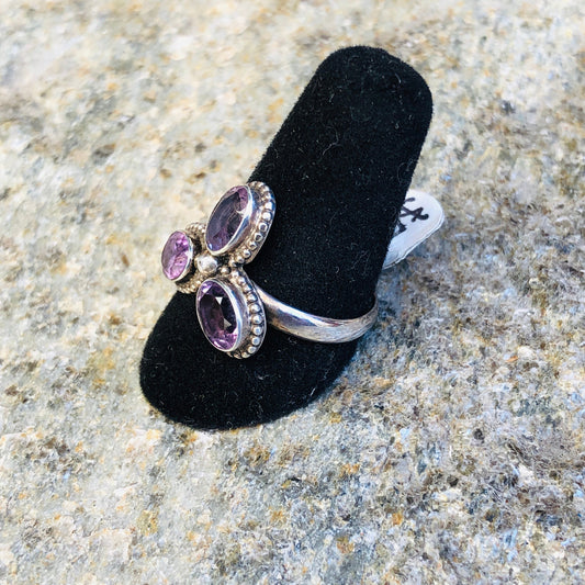 Triple Amethyst & Sterling Silver Flower Ring