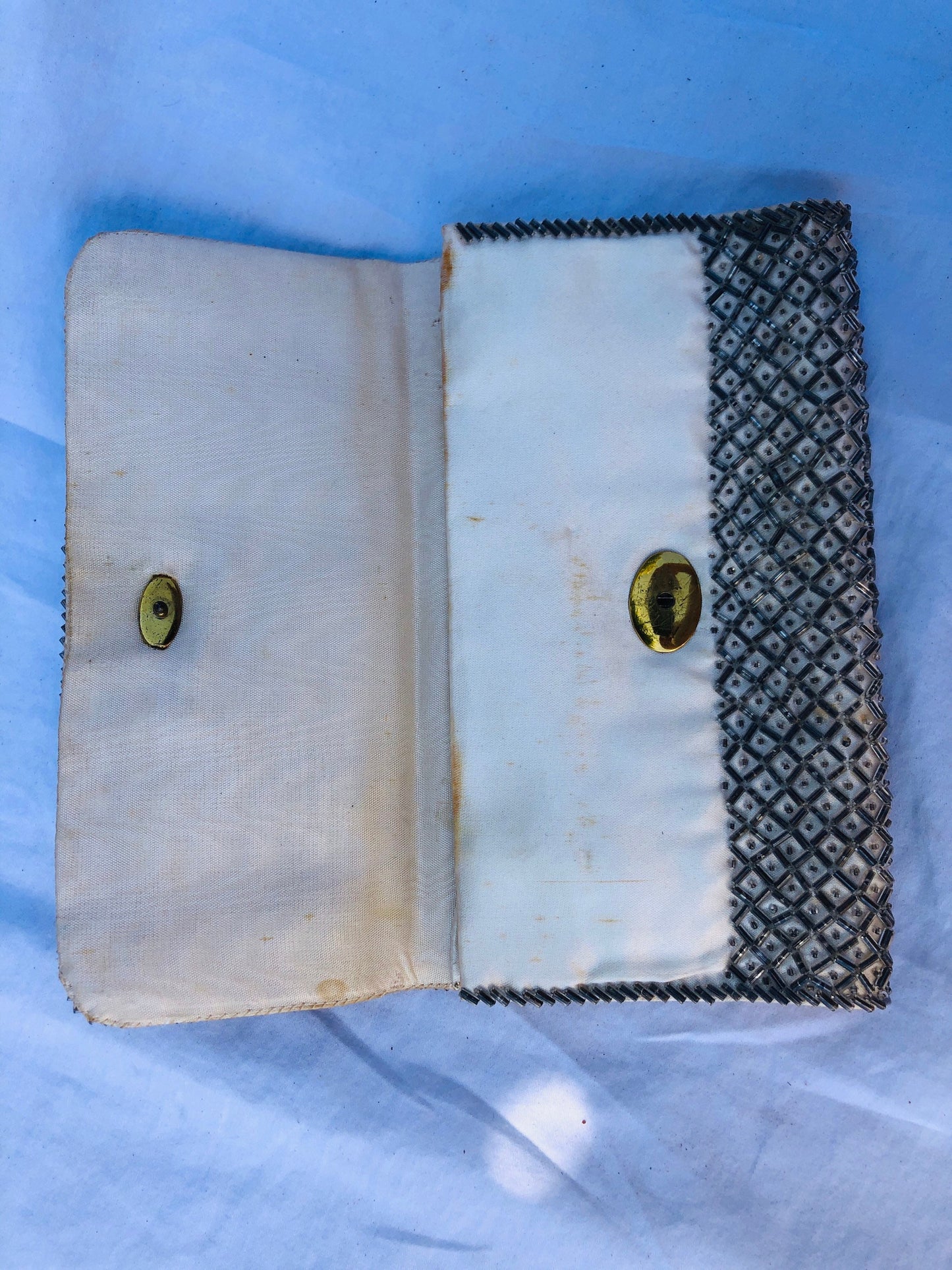 Vintage White Satin Silver Beaded Clutch Handbag Purse