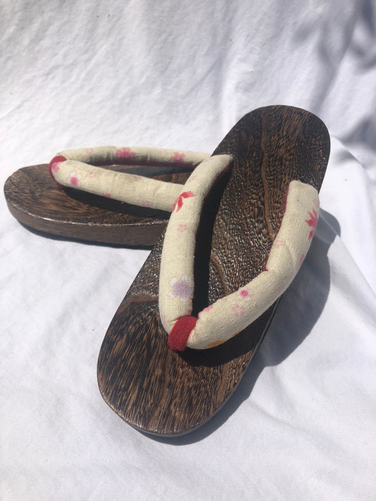 Unique Asian Wooden Sole Yellow & Pink Floral Thong Sandals