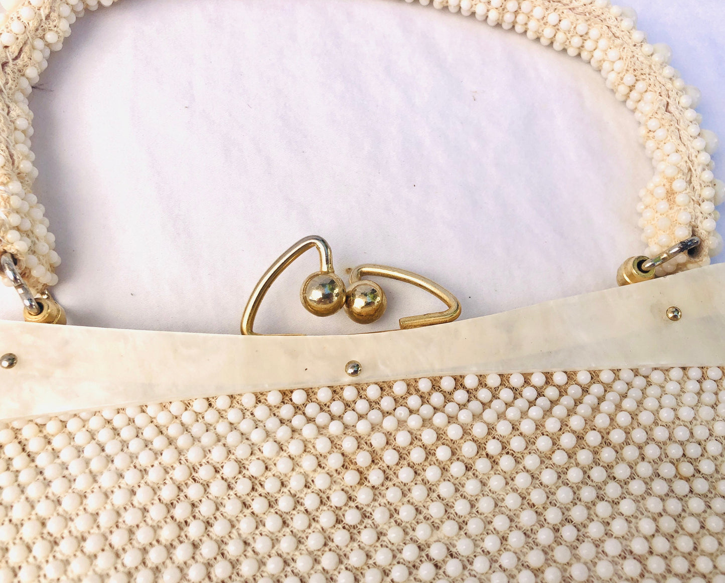 1950 Vintage Plastic Lucite Bubble Beaded Purse with Mother of Pearl & Gold Metal Frame
