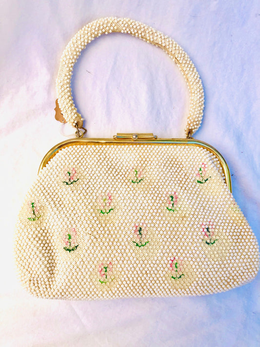 Vintage 1950’s Plastic Lucite Bubble Bead Bag with Pink Flower Design & Gold Frame