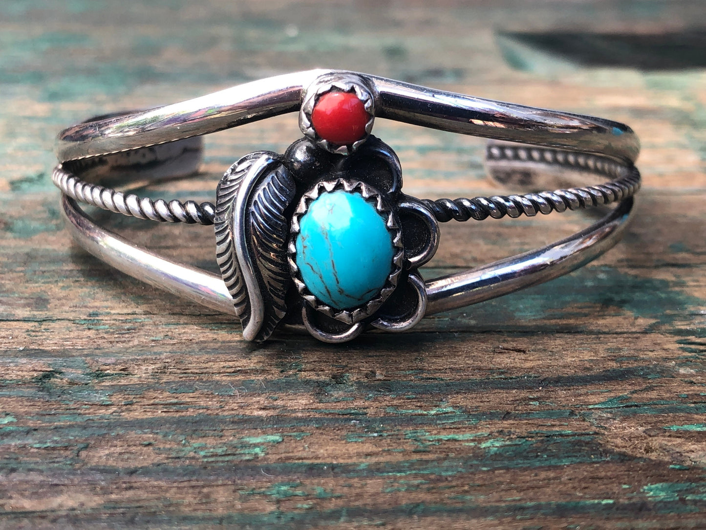 Heavy Vintage Native American Turquoise & Coral Leaf Design Cuff Bracelet
