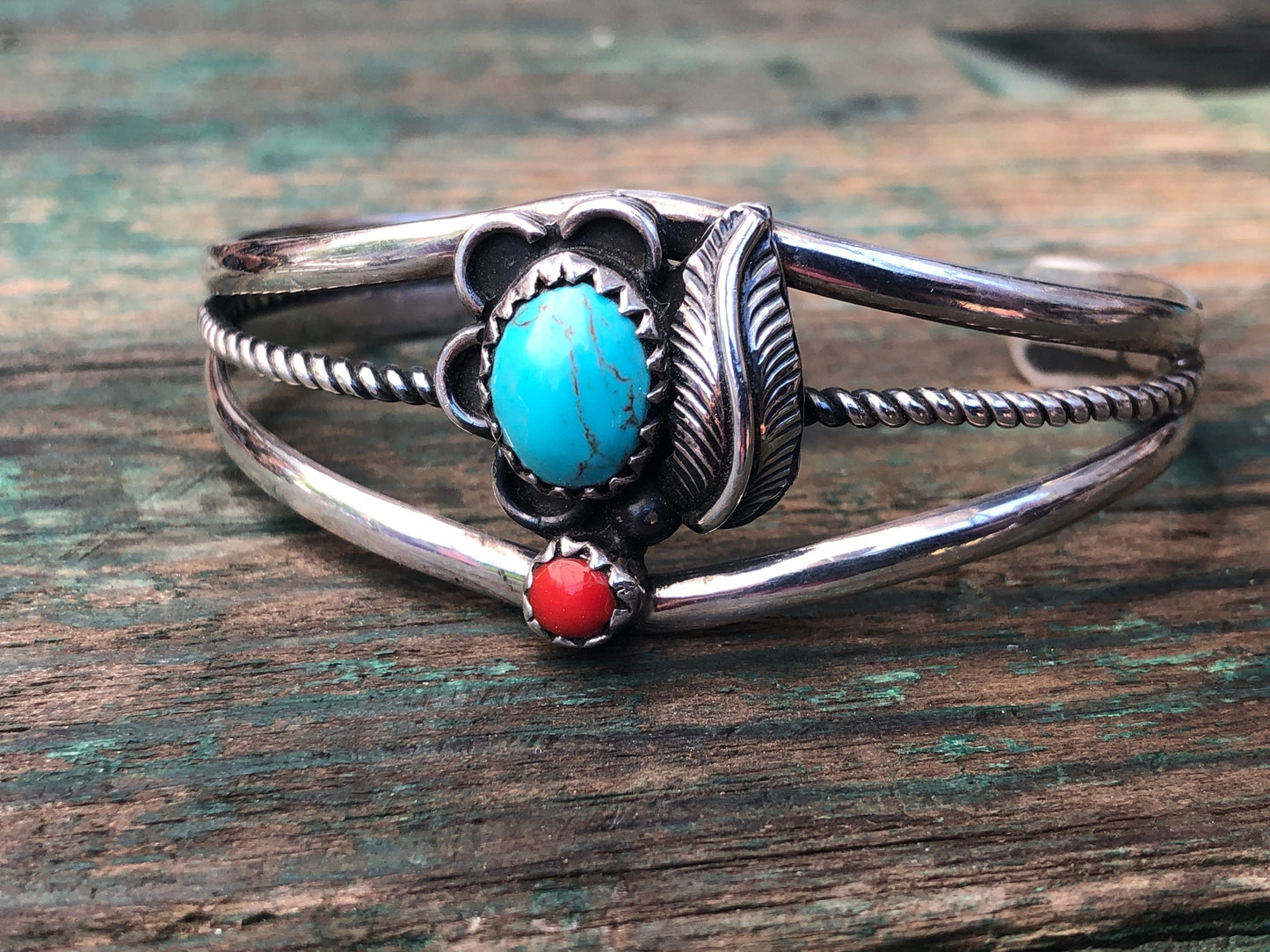 Heavy Vintage Native American Turquoise & Coral Leaf Design Cuff Bracelet