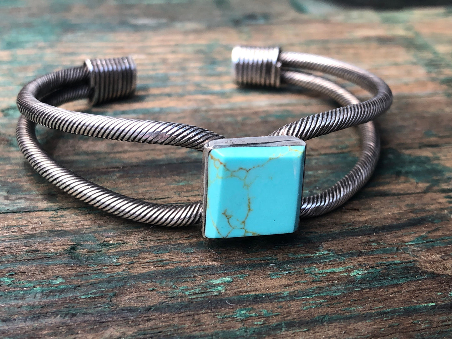 Square Turquoise Twisted Sterling Silver Cuff Bracelet