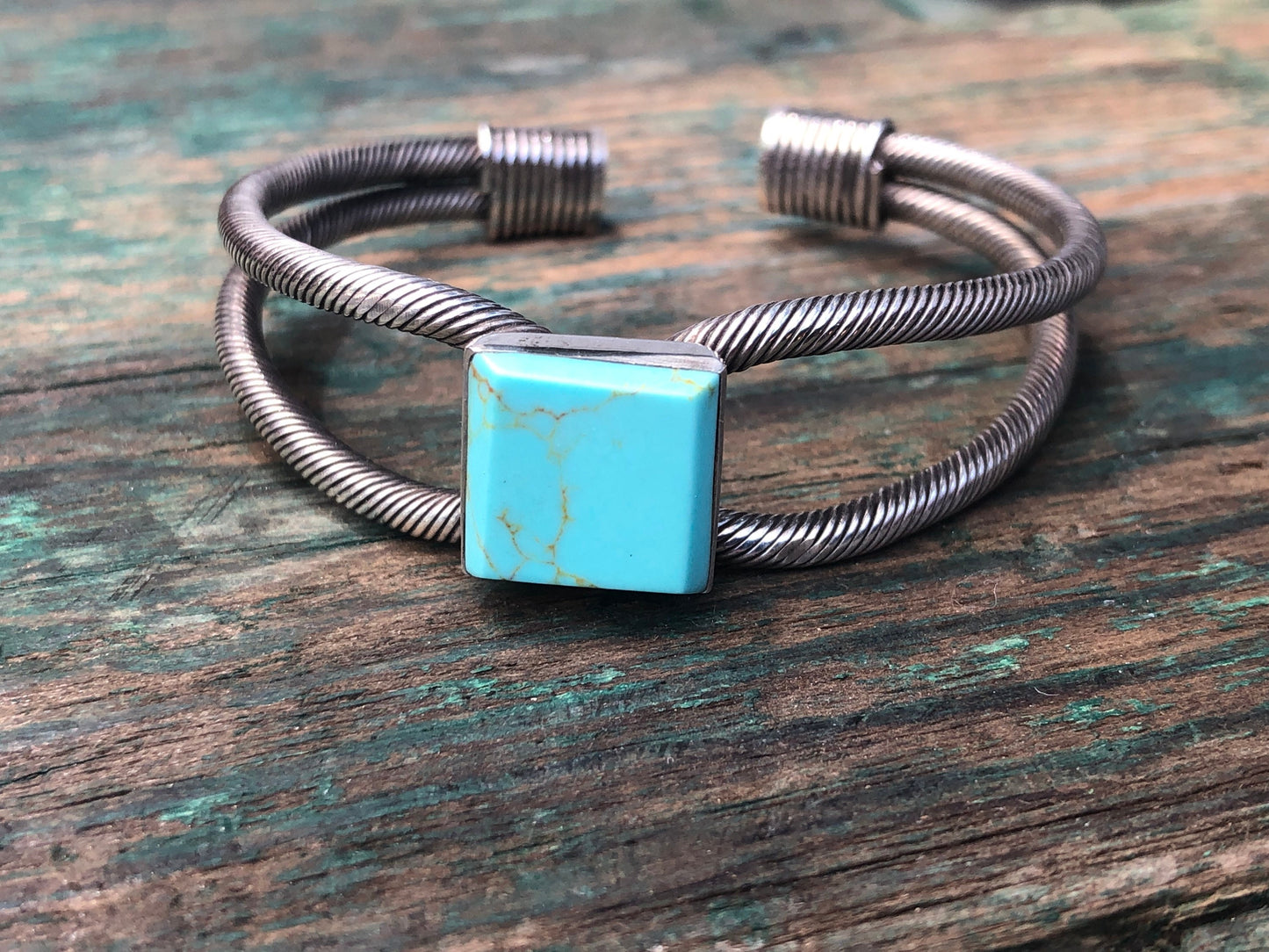 Square Turquoise Twisted Sterling Silver Cuff Bracelet