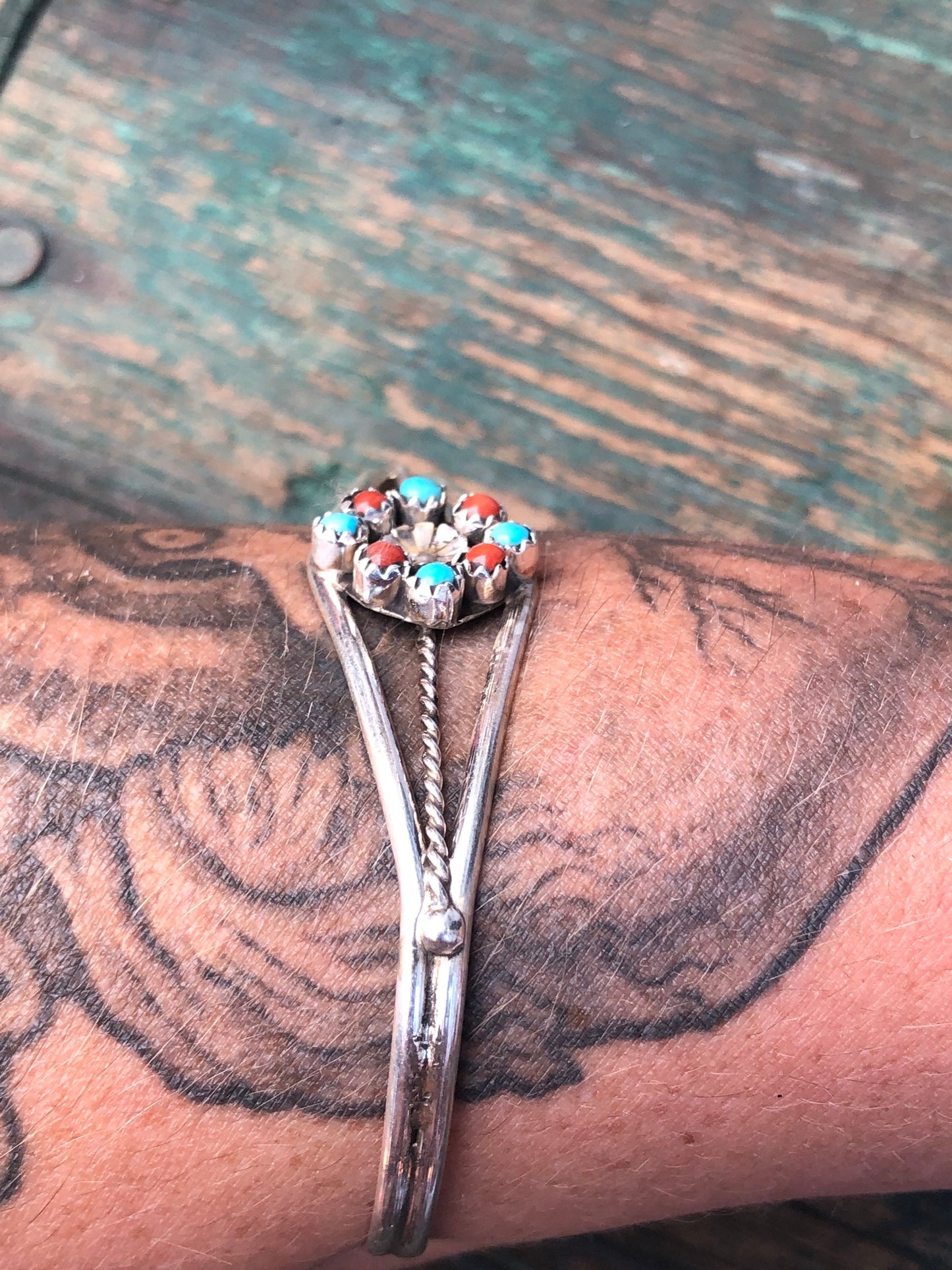 Zuni Native American Petit Point Sterling Silver Turquoise & Red Coral Flower Cuff Bracelet