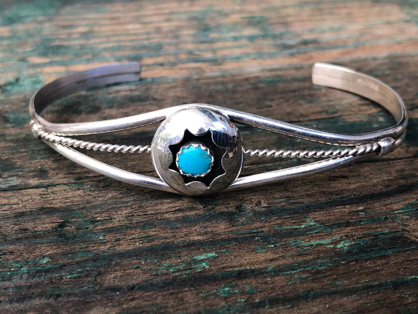 Native American Domed Shadowbox Turquoise Sterling Silver Cuff Bracelet