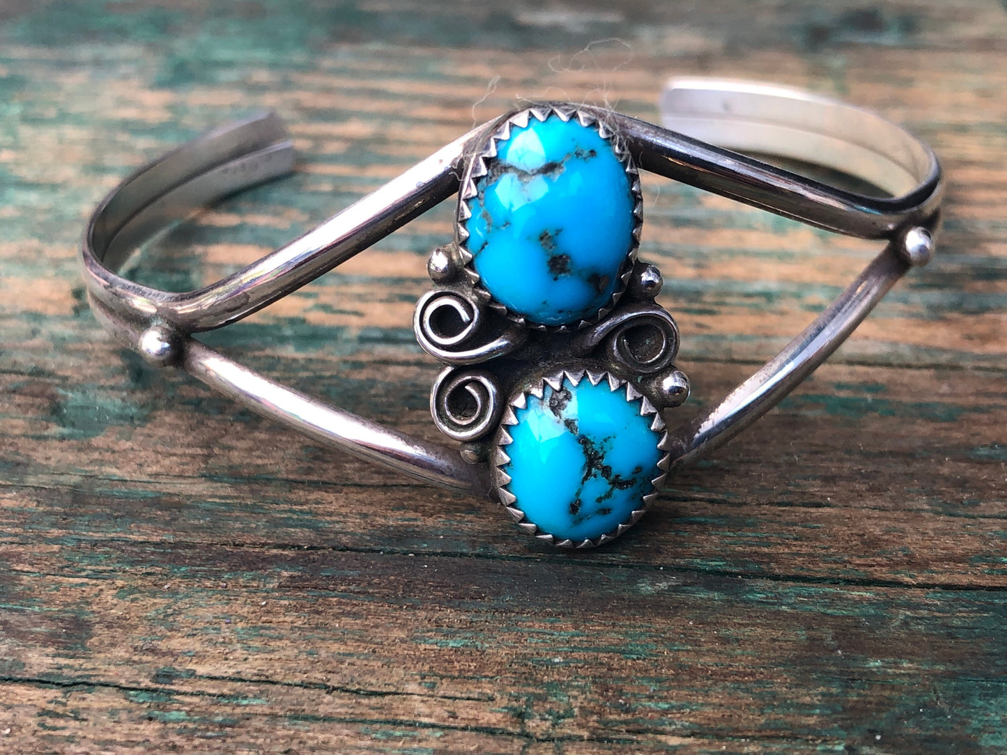 2 Stone Turquoise Native American Vintage Sterling Silver Cuff