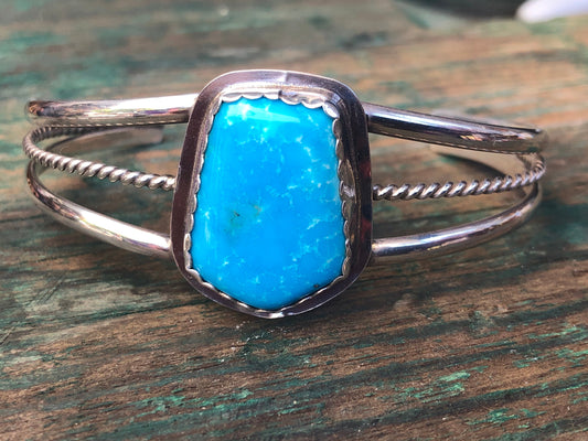 Beautiful Large Turquoise Gemstone Native American Vintage Sterling Silver Cuff Bracelet