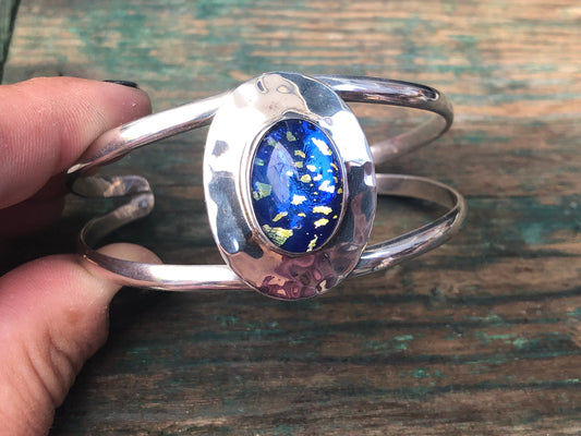 Blue Dragons Breath Fire Opal Dichroic Glass Sterling Silver Hammer Finish Cuff Bracelet