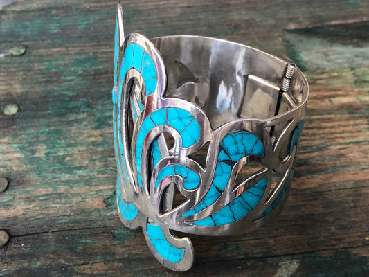 Vintage Turquoise Inlay Sterling Silver Hinged Bypass Bangle Bracelet Signed Mexican Taxco