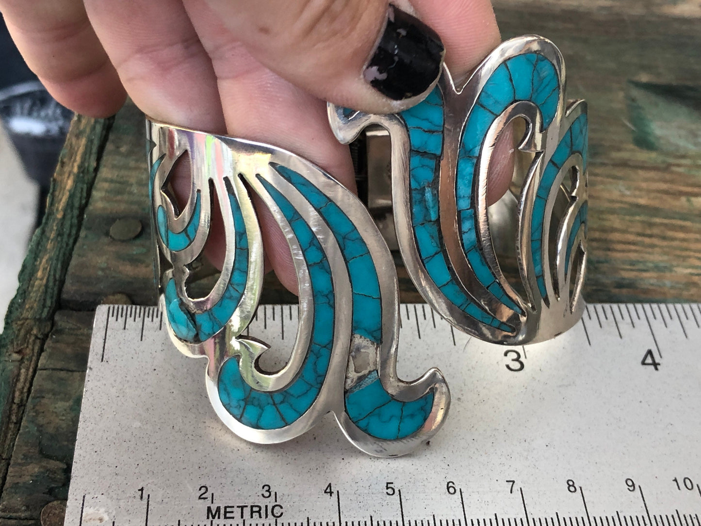 Vintage Turquoise Inlay Sterling Silver Hinged Bypass Bangle Bracelet Signed Mexican Taxco