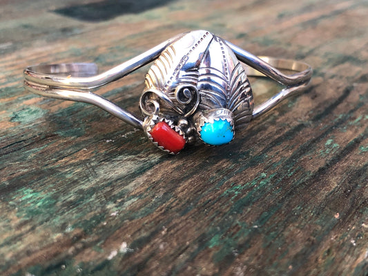 Vintage Turquoise & Red Coral Sterling Silver Native American Chevron Cuff Bracelet with Double Leaf Detail