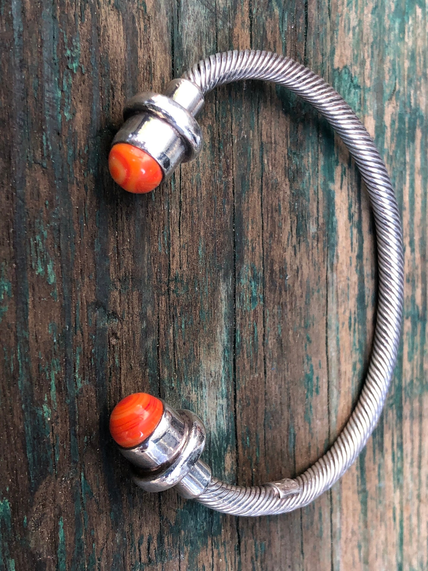 Vintage Sterling Silver Cable Cuff Double Ended Orange Spiny Oyster Shell Bracelet