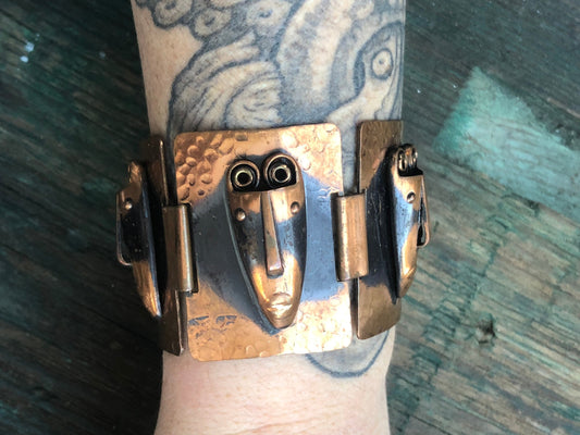 Vintage Rebejas Signed Copper Comedy Tragedy Face Mask Panel Link Bracelet