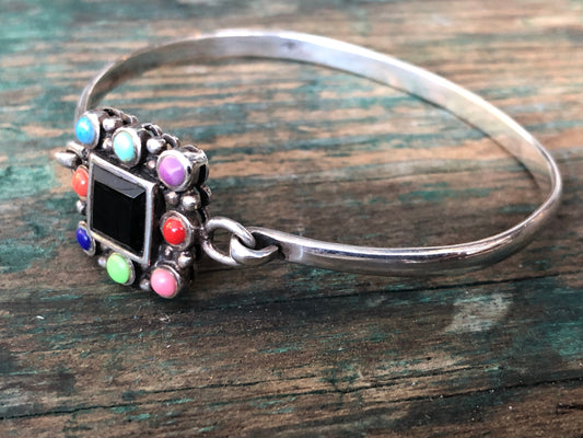 Sterling Silver Multi Gemstone ( onyx, turquoise, coral, jasper)  hinged Bangle Bracelet